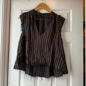Artisan de luxe navy striped cap sleeve blouse distressed edges XS v neck